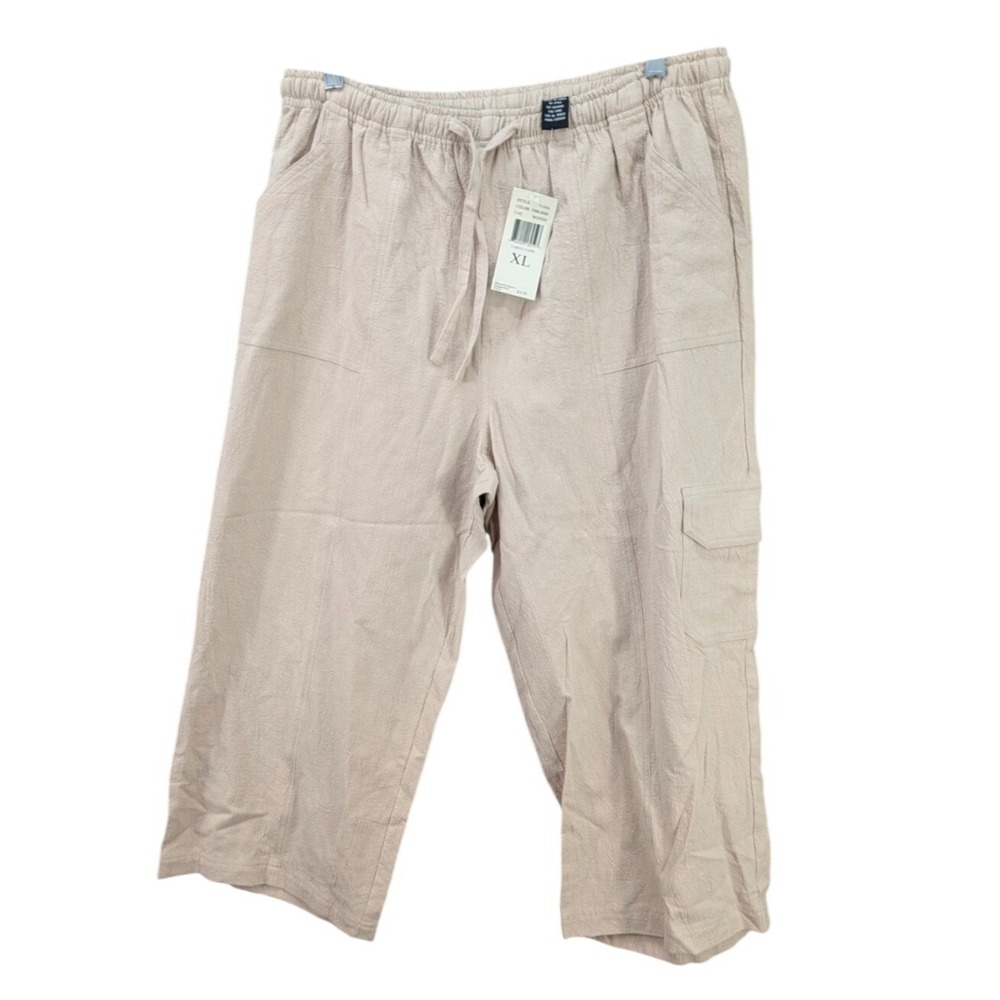 Jenny C Women's Khaki Capri Pants Pockets Drawstring Minimalist Boho Size XL NWT